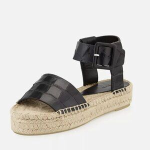 Vince Edina Black Croc Embossed Black Leather Espadrille Sandal Platform Edie 11